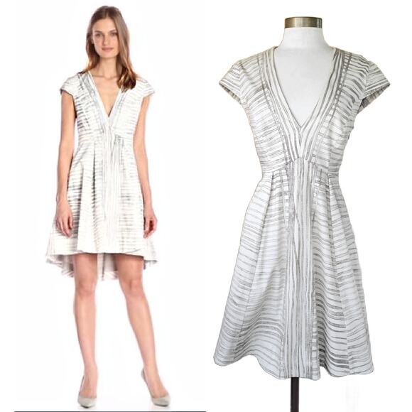 HALSTON Heritage Fit & Flare Cap Sleeve Structured Dress Size 12 Gray Print - Picture 1 of 15